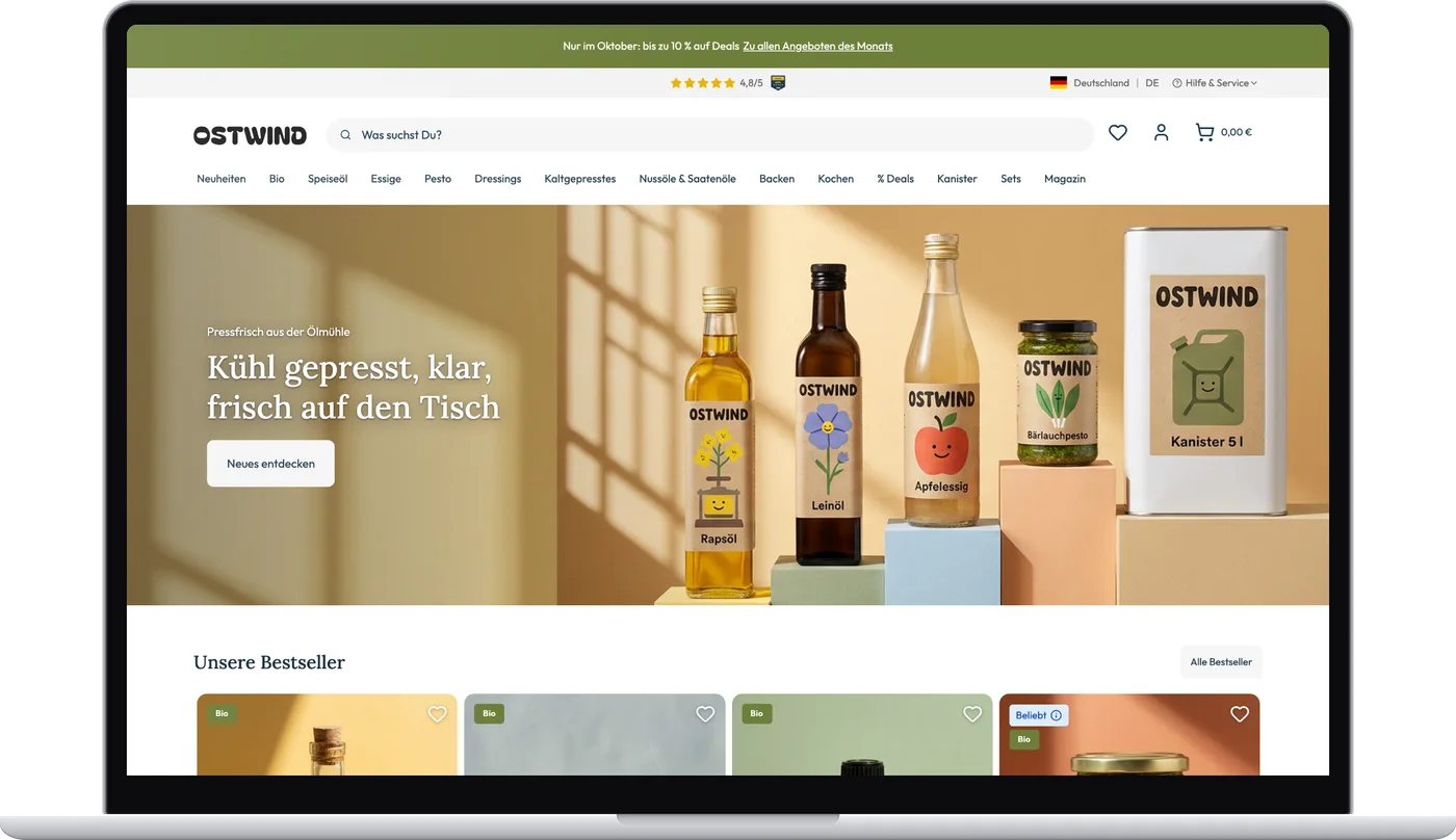 Laptop-Mockup des Shops Ölmühle Ostwind, gestaltet von Christian Schäfer