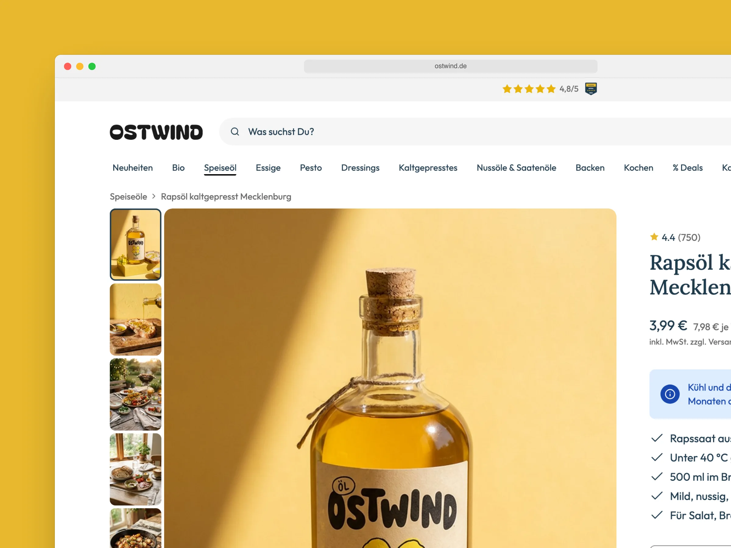 produktseite von ölmühle ostwind im browserfenster