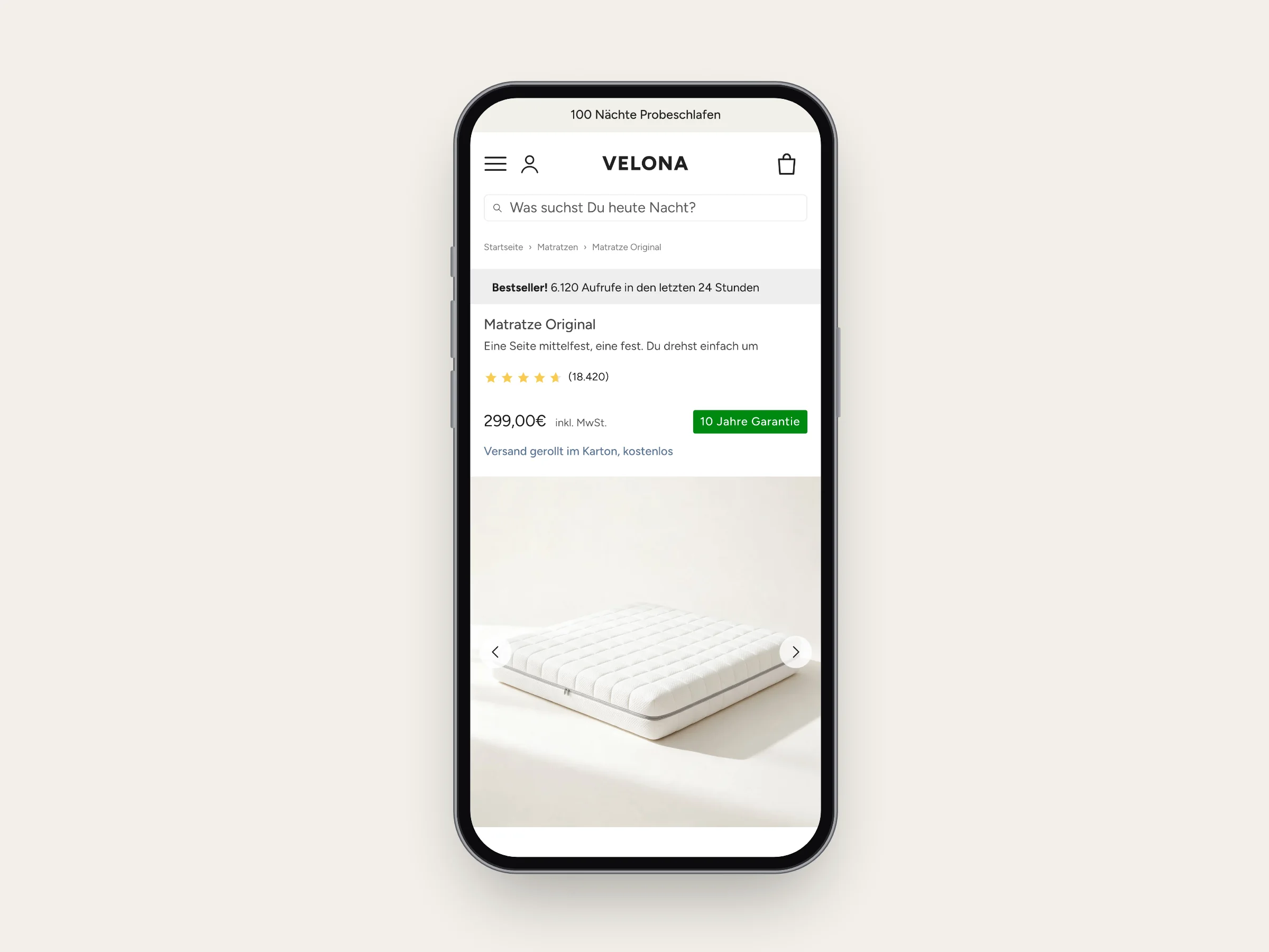 produktseite von velona im handy