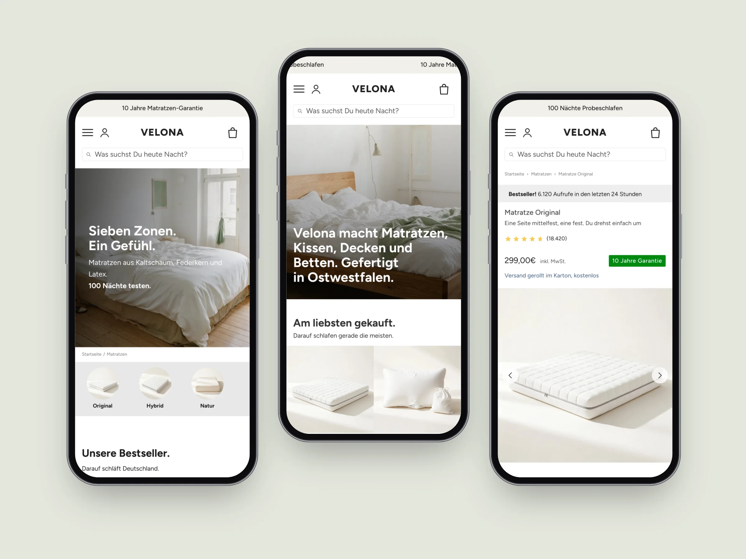 velona auf drei handys: kategorie, startseite, produkt