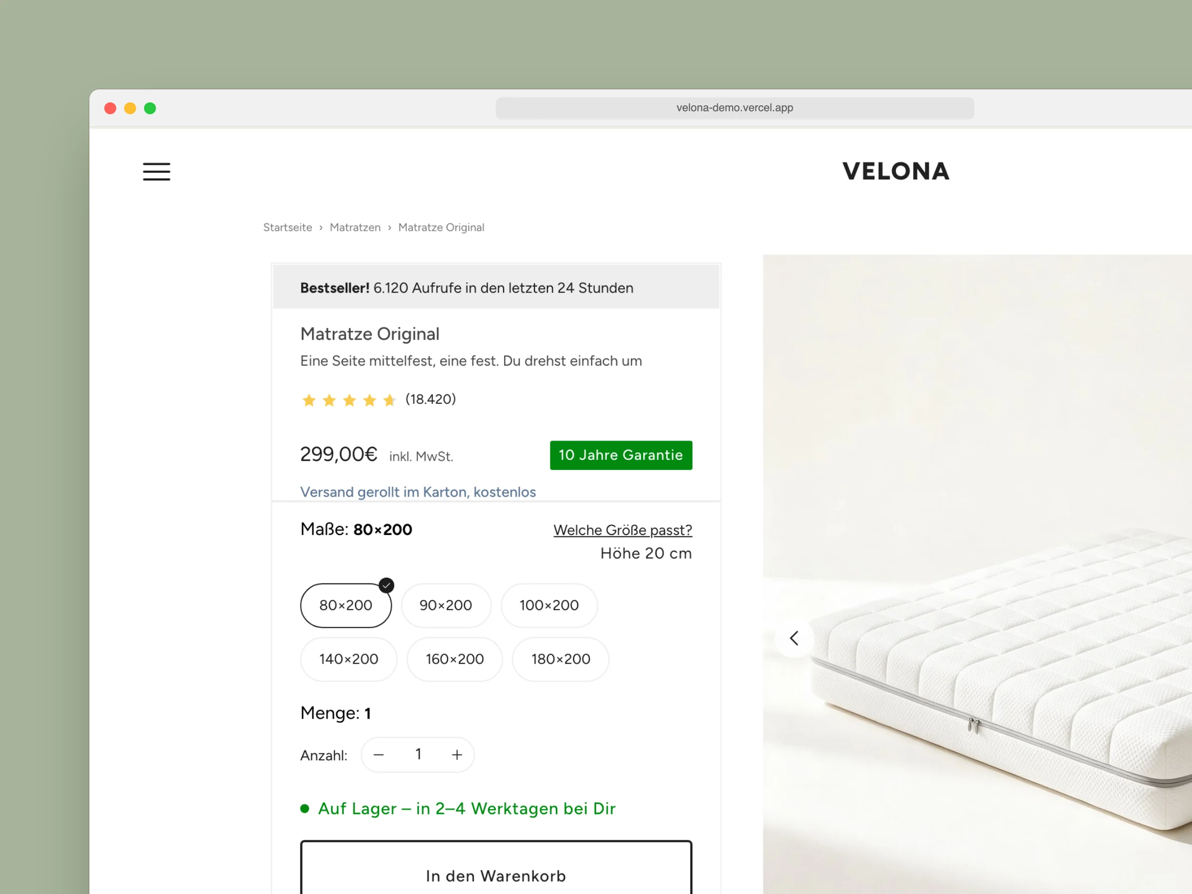 produktseite von velona im browserfenster