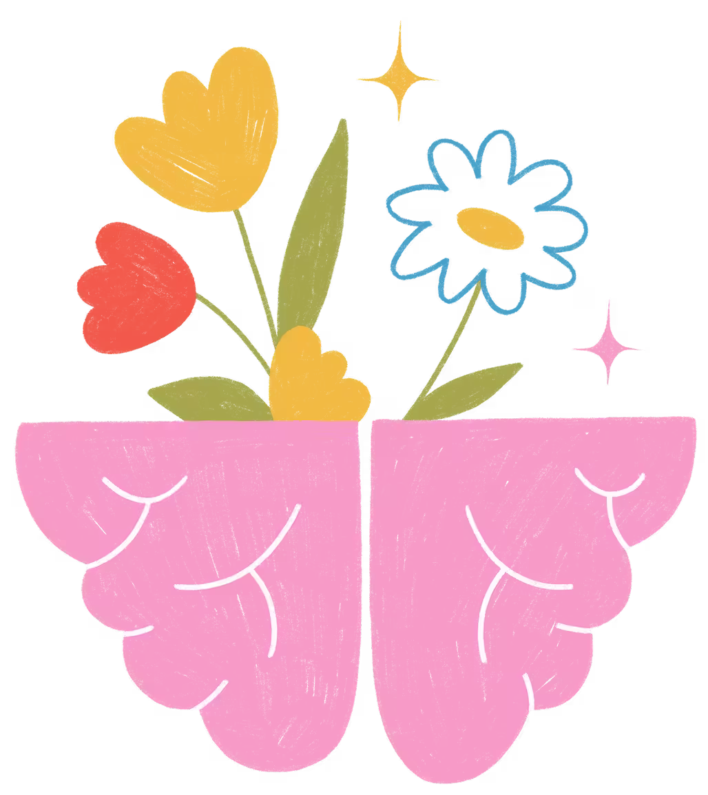 Pinkes Gehirn mit bunten Blumen und grünen Blättern, die aus dem Inneren wachsen, umgeben von kleinen Sternen.